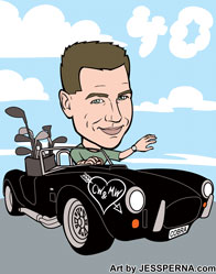 40th Birthday Caricature Golfer in Sheby Cobra