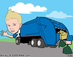 Boy Driving Garbage Truck Caricature Invite
