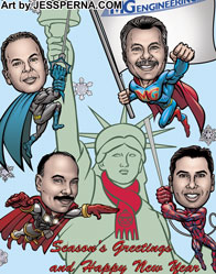 Holiday card superheroes statue of liberty cartoon