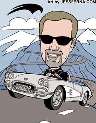 Man Driving Corvette Birthday Caricature