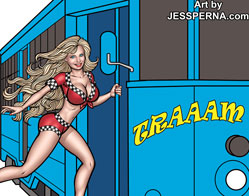 Sexy Woman Running for Tram Cartoon